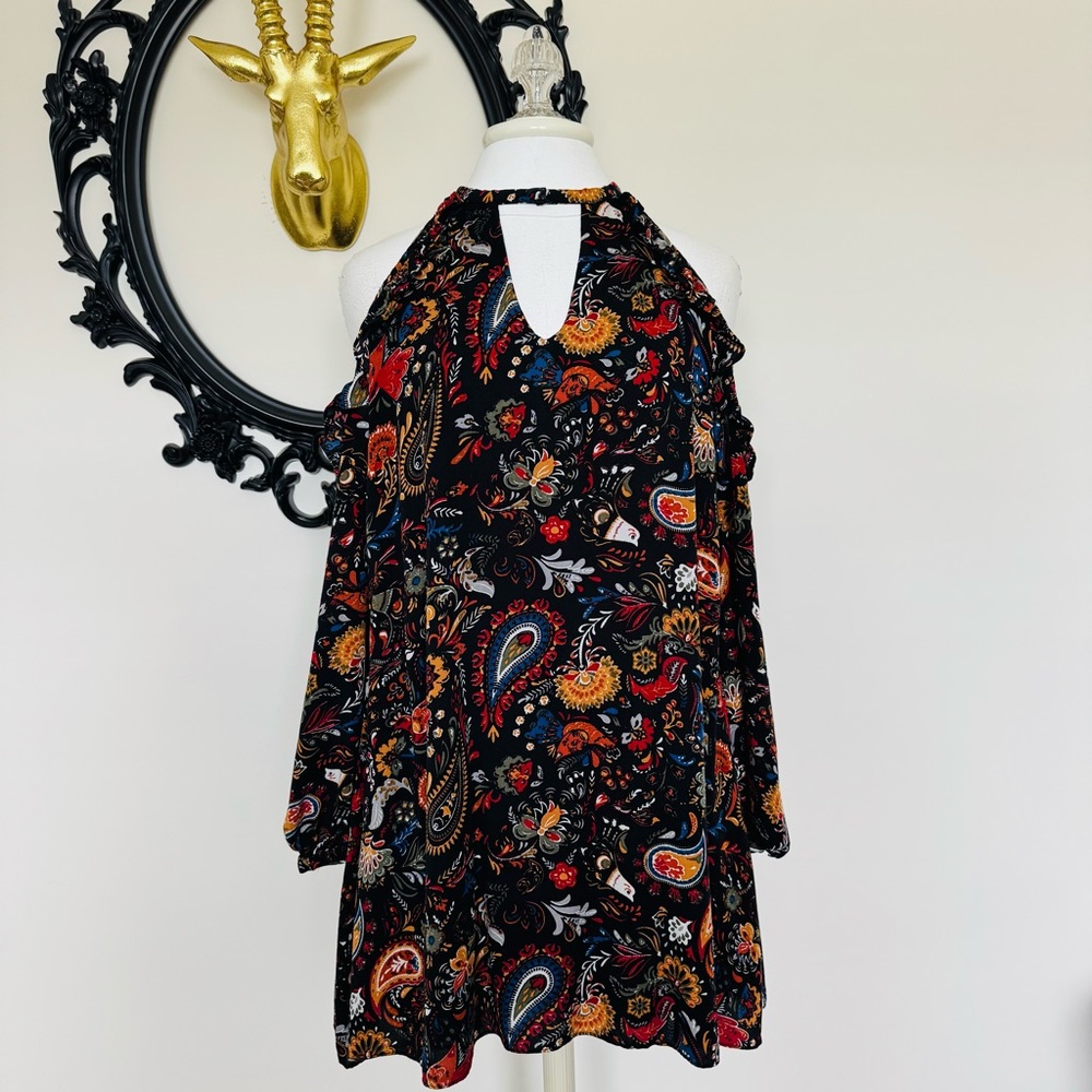 Black Swan Cold Shoulder Long Sleeve Dress with Paisley Floral Print